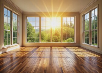 Obraz premium Natural light pours through the window, casting a warm glare on the wooden floor, illuminating the empty room with a sense of simplicity and elegance.