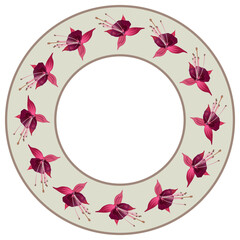 Round floral frame or circular botanical border with blooming flowers of purple fuchsia plant in a ring. On white background. 