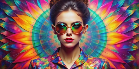 Obraz premium Vibrant brunet mannequin-inspired model flaunts stylish ensemble and trendy shades amidst kaleidoscope of colors, setting fashion tone on bold, abstract, gradient background.