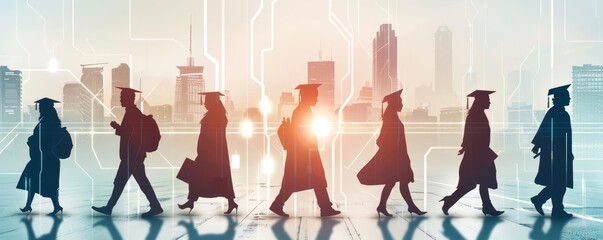 Silhouettes of graduates walking toward a futuristic city