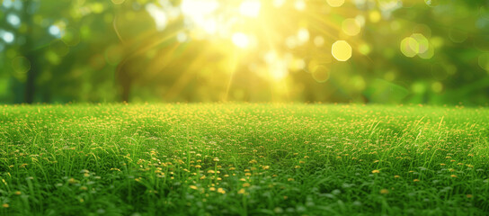 Naklejka premium Beautiful blurry background lush green grass park spring summer nature landscape sunny day top view 3D rendering calming effect warm tones bokeh fog panoramic morning