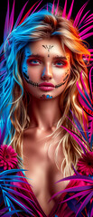 Naklejka premium A woman with a face painted with skulls and flowers. The flowers are pink and the woman is wearing a red dress