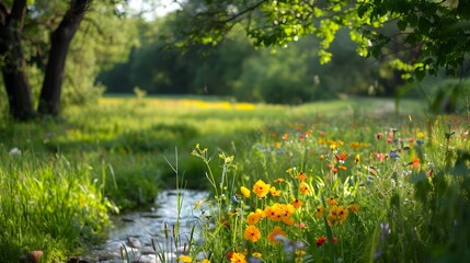 Serene meadow with a gentle stream and vibrant wildflowers in a lush natural setting