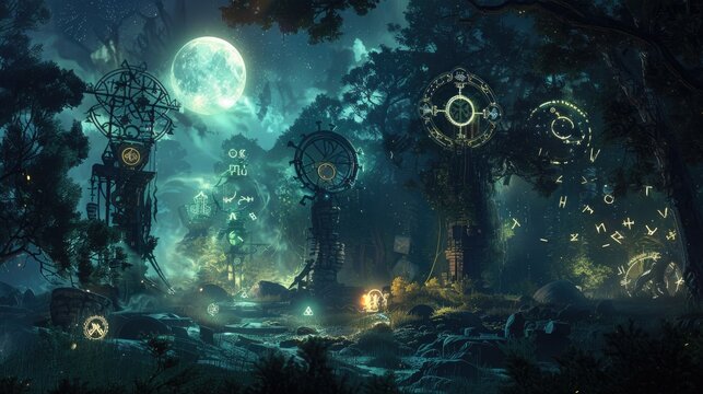 Mechanical constructs of ancient runes and mystic symbols locked in an arcane duel within a mystical forest bathed in ethereal moonlight.