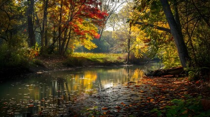 Obraz premium Tranquil Autumn Glen with Colorful Foliage and Reflective Pond