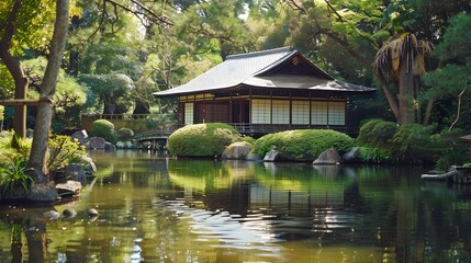 Obraz premium Tranquil Japanese Tea Garden with Traditional Tea House and Serene Pond Reflection