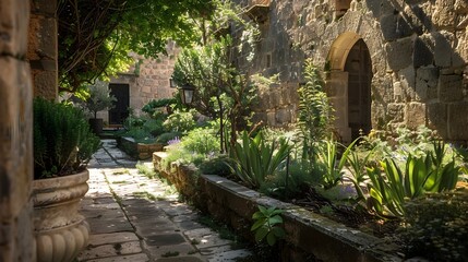 Naklejka premium Tranquil Monastery Garden with Ancient Stone Walls and Fragrant Herbs