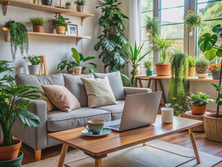 Cozy home office with laptop, notebooks, and coffee, surrounded by plants, comfortable couch, and minimal decor, conveying flexibility and comfort of remote work.