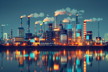 Obraz premium A city skyline with a large industrial area and a large body of water. The city is lit up at night, creating a moody atmosphere