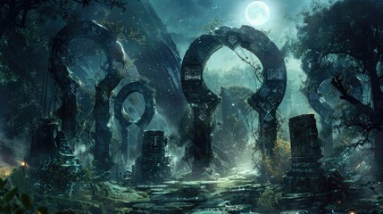 Mechanical constructs of ancient runes and mystic symbols locked in an arcane duel within a mystical forest bathed in ethereal moonlight.