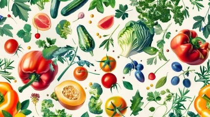 Fresh and vibrant seamless design of various produce and herbs, perfect for a healthy culinary wallpaper