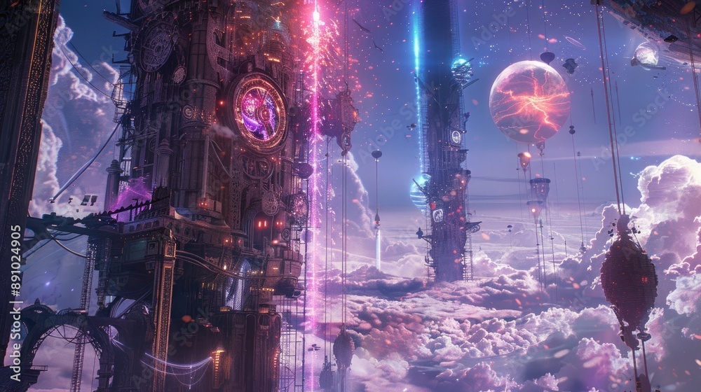 Wall mural mechanical constructs of ancient clockwork and ethereal energies battling in an otherworldly clockto