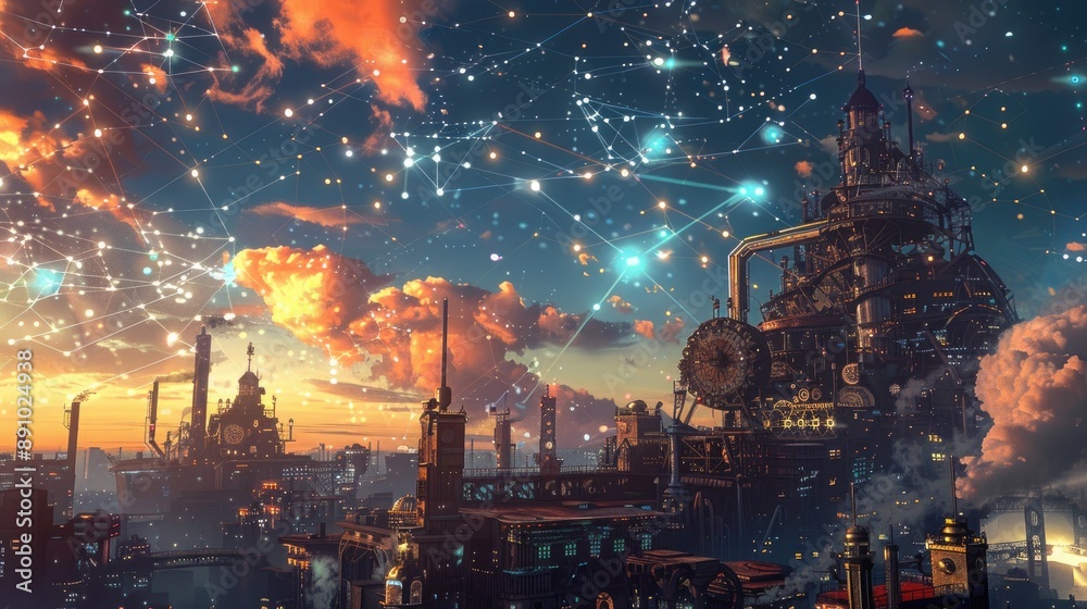 Wall mural mechanical constructs of clockwork and steam clashing in a futuristic cityscape under a sky ablaze w