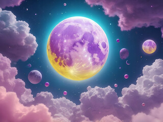Obraz premium abstract glowing Cartoon yellow moon with craters floats in purple turquoise pink white clouds on lilac starry sky. Magic night with multicolor flying bubbles stars planets