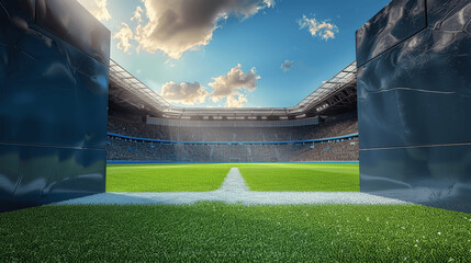 modern football stadium green field vibrant fans photorealistic 3D entrance view