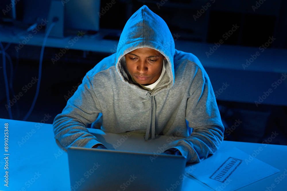 Poster black man, night or hacker with laptop for cybercrime, malware or phishing for stealing online. prog