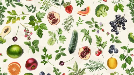 Culinary illustration of various fresh herbs, fruits, and vegetables, arranged in a cohesive, seamless pattern