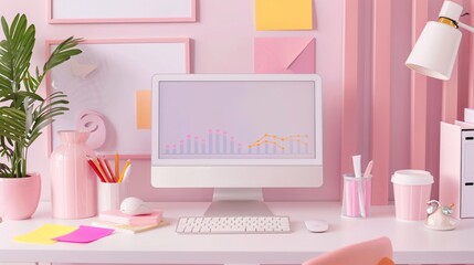 A soothing workspace with pastel SEO graphs, emphasizing content creation in a fresh digital marketing approach