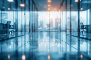 Blurred background of modern office interior with panoramic windows, beautiful lighting, and glass partitions