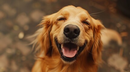 Fototapeta premium Joyful golden retriever basking in happiness, expressive smile showcasing playful spirit, vibrant fur reflecting warmth of sunny outdoor setting, radiating pure affection.