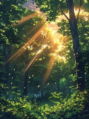 Sunlight filters through the leaves of the forest trees in the morning mist