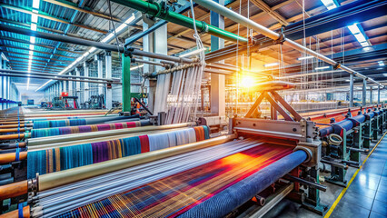 Fototapeta premium Modern textile factory interior showing mechanical looms weaving intricate fabric patterns, threads of yarn intertwined on warp and weft, creating a beautiful textile product.