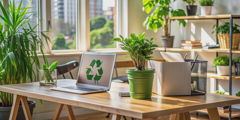 Fototapeta premium A serene workspace with a recycling bin, potted plants, and a wooden desk with a laptop and notes on sustainable development goals.