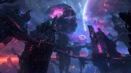 Fototapeta premium Mechanical marvels of cybernetic evolution and arcane augmentation clashing in a digital battleground of virtual landscapes and pixelated horizons.