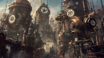 Mechanical titans of bronze and steam clashing in a steampunk metropolis adorned with towering clock towers and arcane machinery.