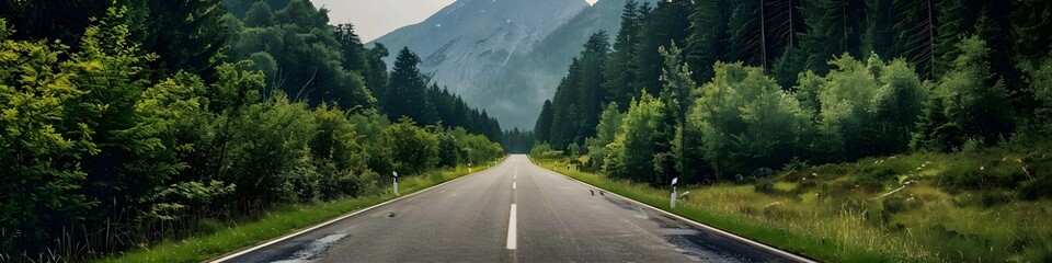 Naklejka premium Peaceful asphalt road in a green forest with mountain peaks in the background