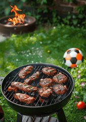 Fototapeta premium Delicious Grilled Meat with Vegetables BBQ on Charcoal with Soccer Ball in Green Meadow Background