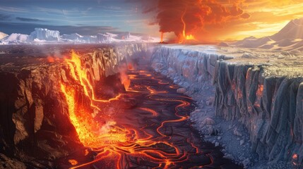 Titans of fire and ice locked in an epic struggle within a volcanic landscape bordered by icy cliffs and glaciers.