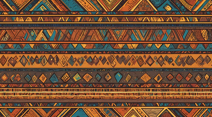 A seamless pattern incorporating bold and vibrant African tribal motifs, such as zigzags, diamonds, and stylized animal figures, using earthy and bright color palettes.

