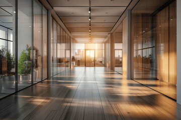 Spacious Modern Office Hall with Panoramic Windows in Natural Beige and Brown Tones