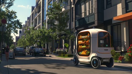 Fototapeta premium A robot transporting groceries in a built-in compartment through a busy neighborhood