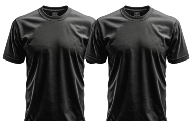 Two black t-shirts are displayed on the front and back of the mannequin. white background 