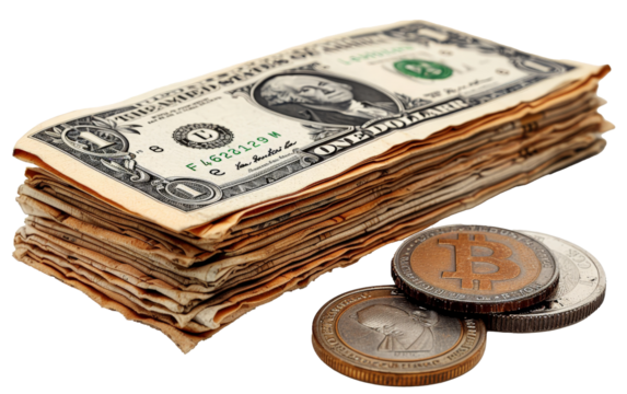 Isolated banknotes and coins, white background