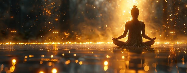 Silhouette of a person meditating in a peaceful setting with glowing lights.
