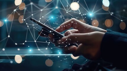 Hands Using Smartphone with Digital Network Connections on Dark Background