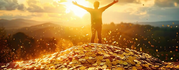 Silhouette of man standing on pile of coins with sunset in background