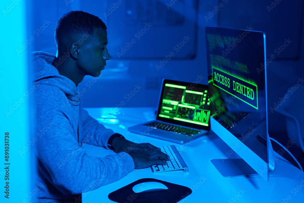 Poster theft, screen or black man hacking computer for cybercrime, malware or phishing for stealing online 
