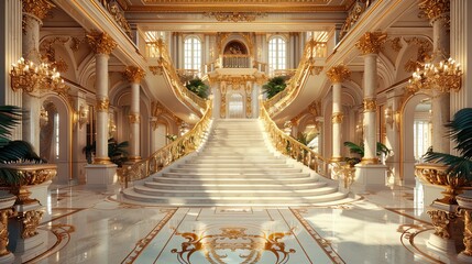 Grand staircase in a luxurious palace with marble floors and golden details.