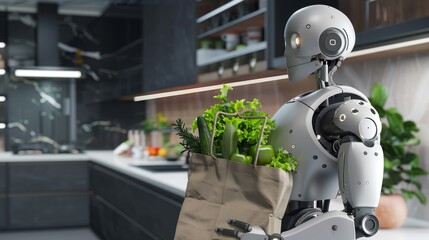 A robot holding a grocery bag with fresh ingredients in a modern kitchen