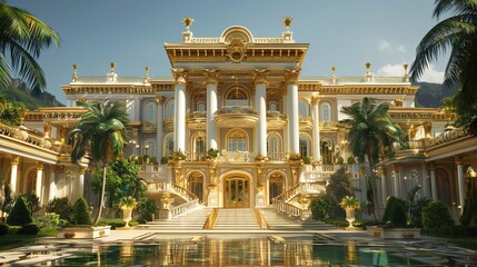 Fototapeta premium Luxurious golden palace with palm trees and a reflecting pool.
