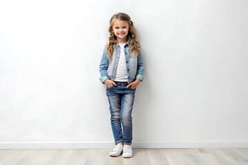 Portrait of a smiling little girl in denim standing in front of a white wall.