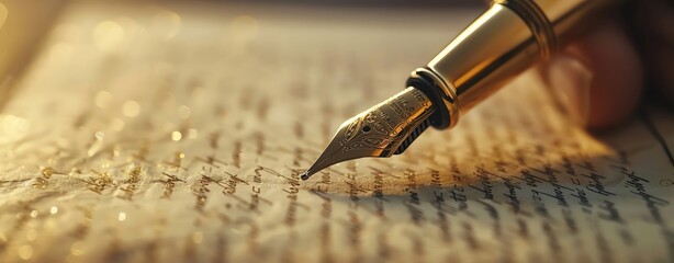 Close up of gold fountain pen on blue paper.