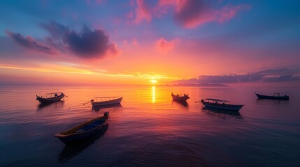 Boats at Sunset on Calm Sea