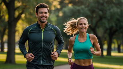 Fototapeta premium man and woman jogging through a park, exchanging friendly glances. Both are in athletic wear with fitness trackers on their wrists.