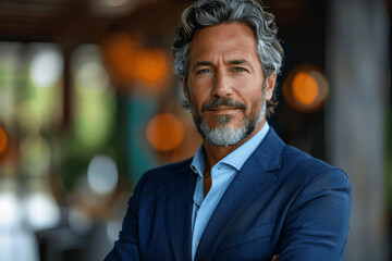 Fototapeta premium Confident Mature Middle-Aged Businessman Smiling in Office with Gray Hair and Goatee Wearing Blue Suit