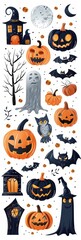 Vibrant Collection of Rhinestone Halloween Stickers Featuring Glittery Pumpkins, Bats, and Spiders on a Stark White Background